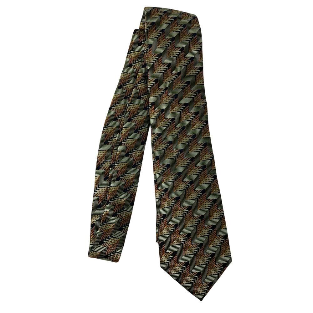 VTG Pavone Italy 100% Silk Tie Green Gold Black Geometric Herringbone Zig Zag